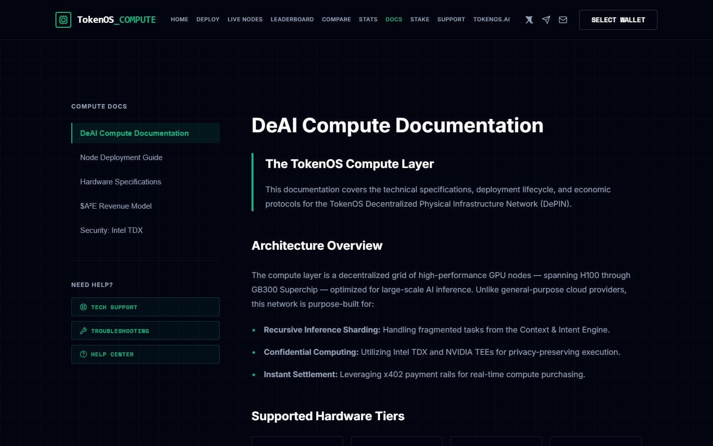 TokenOS DeAI Compute Network documentation screen showing the architecture overview and the supported NVIDIA hardware tiers