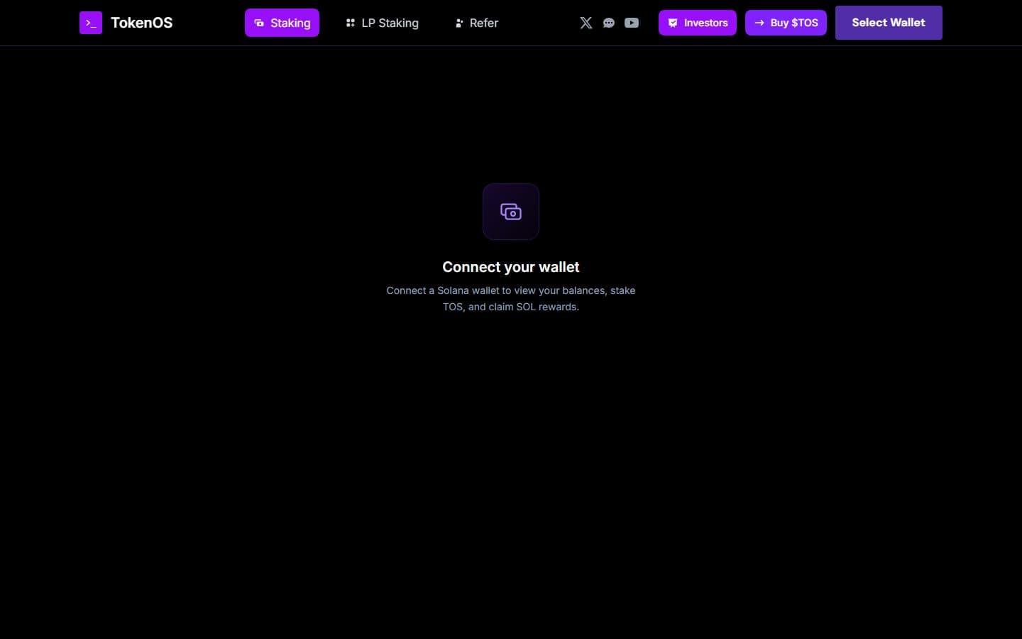 TokenOS staking application prompting the user to connect a Solana wallet to view balances, stake TOS and claim SOL rewards